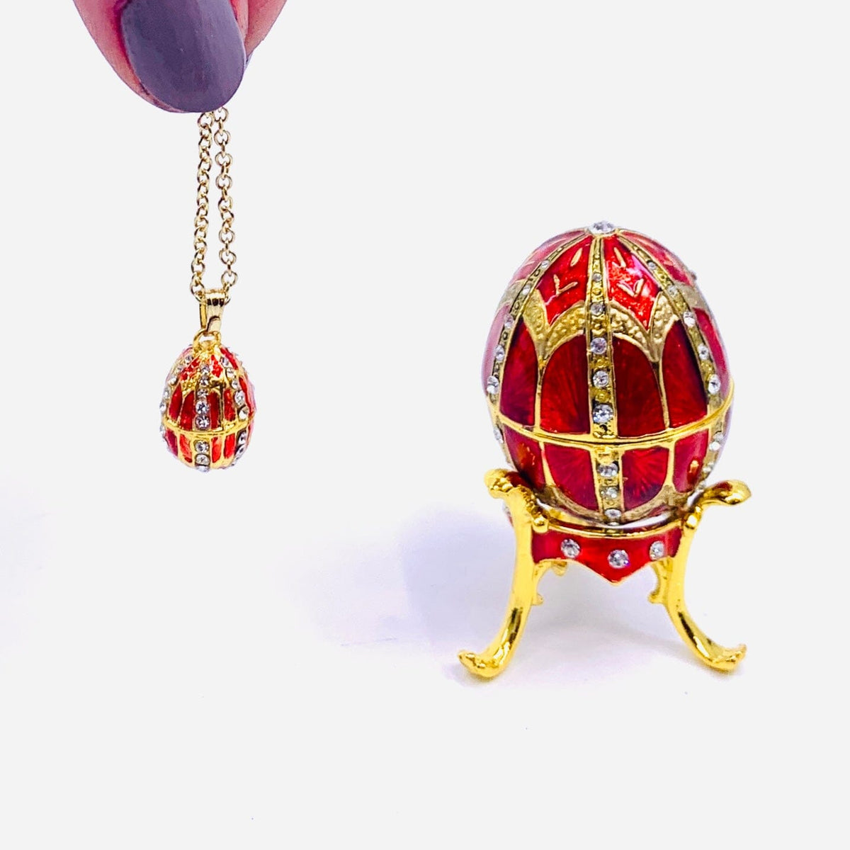 Bejeweled Enamel Trinket Box and Pendant 24, Red Faberge Style Egg Decor Kubla Craft 