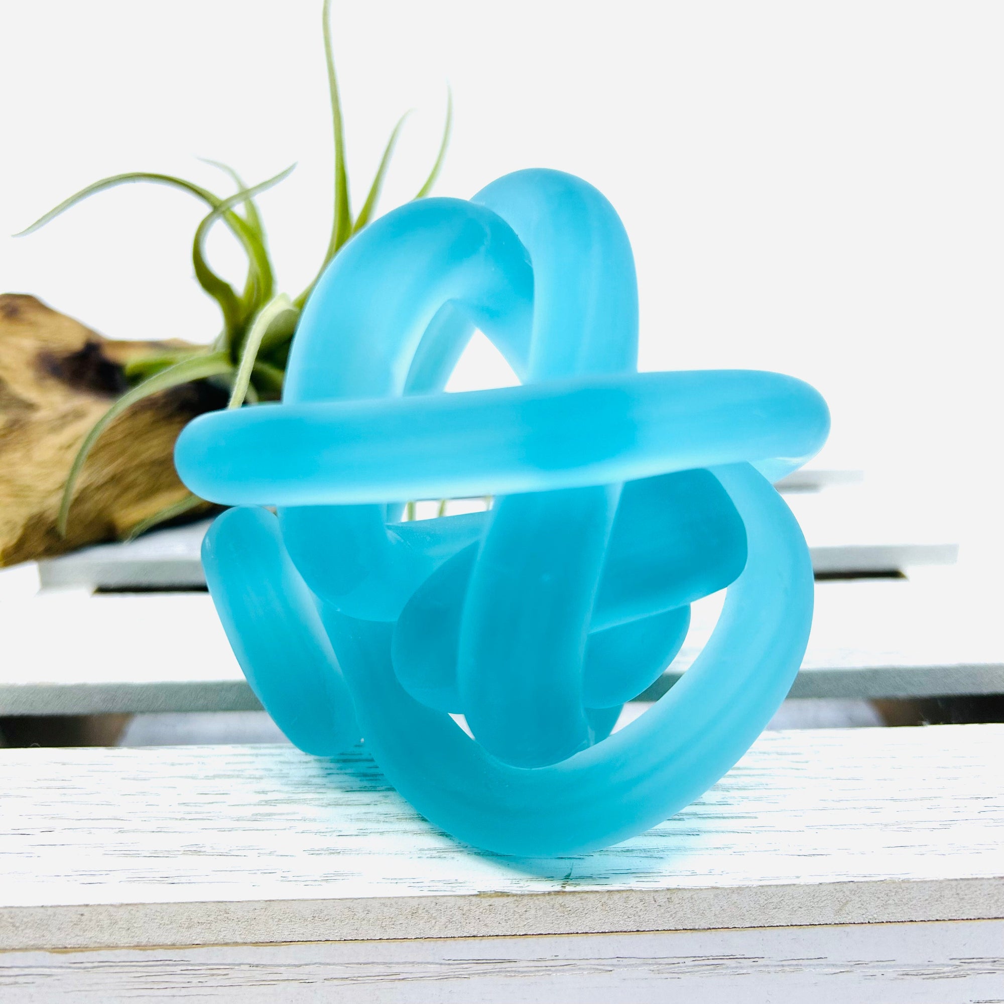 Glass Knot Paperweight Frosted Teal Decor Beachcombers 