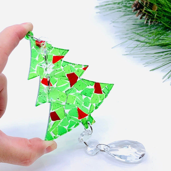 Stained Glass Tree Ornament, Red and Green Luke Adams Glass Blowing