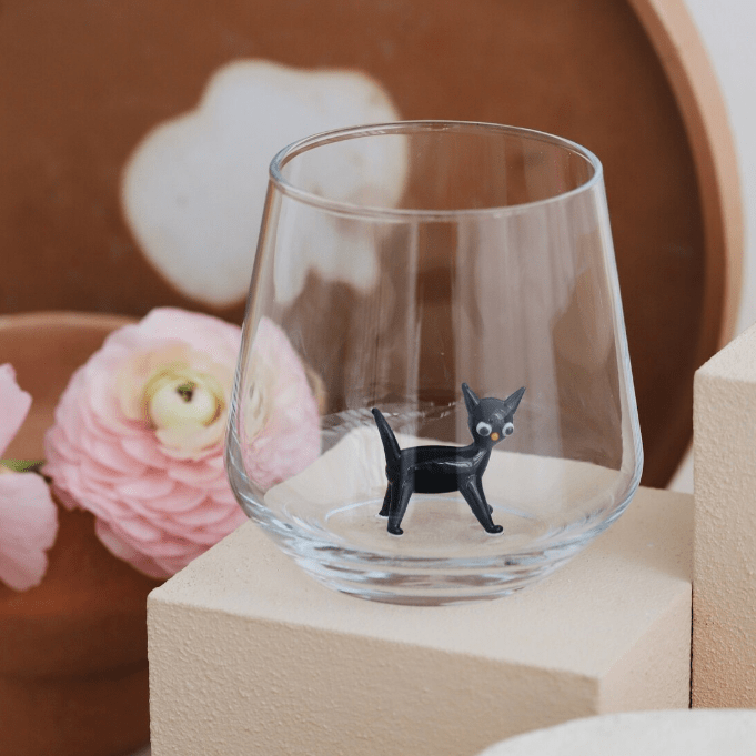 Tiny Animal Wine Glass, Black Cat Decor MiniZoo 