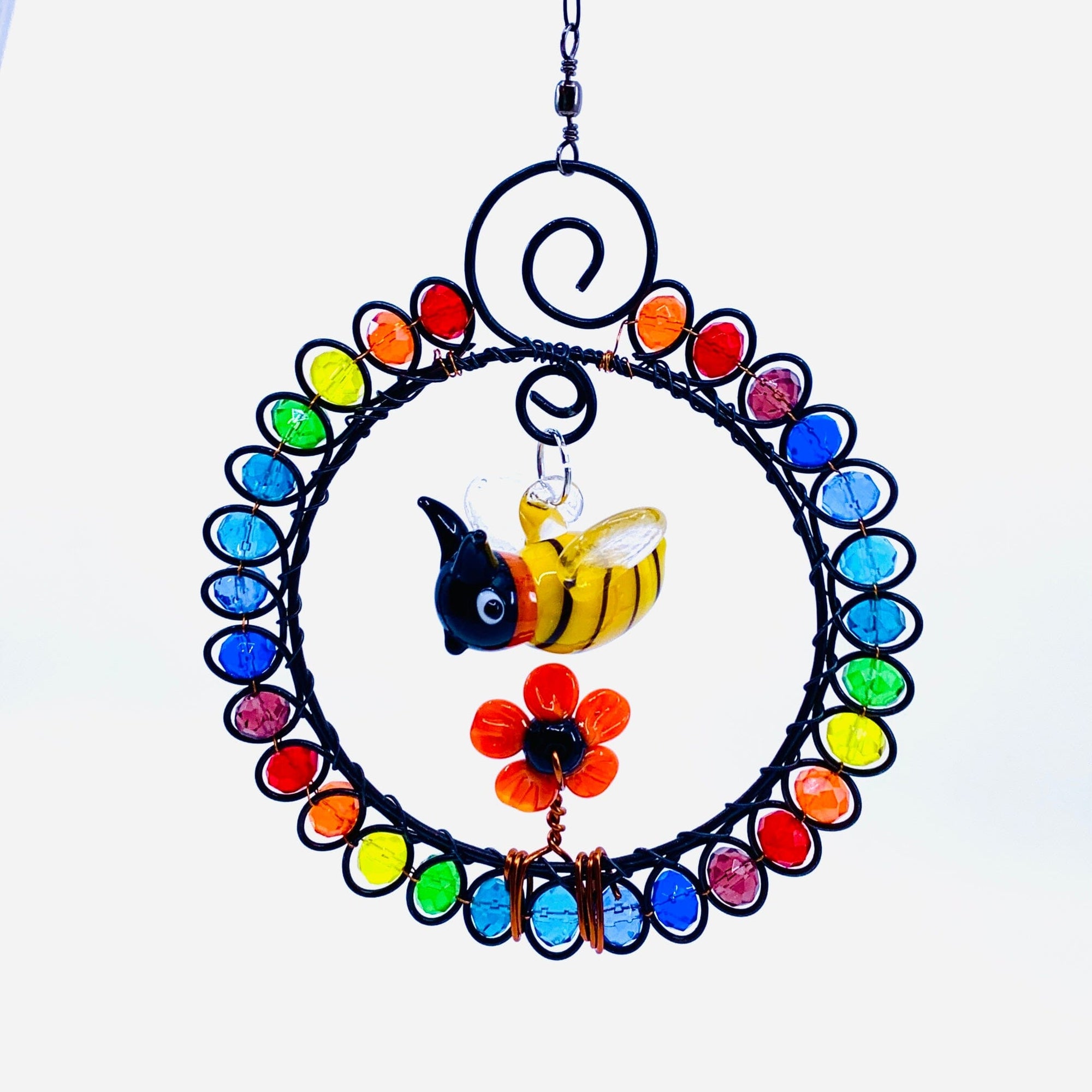 Glass Beaded Sun catcher with Bumble Bee and Flower, 6 Decor Whimsical Wire and Glass 