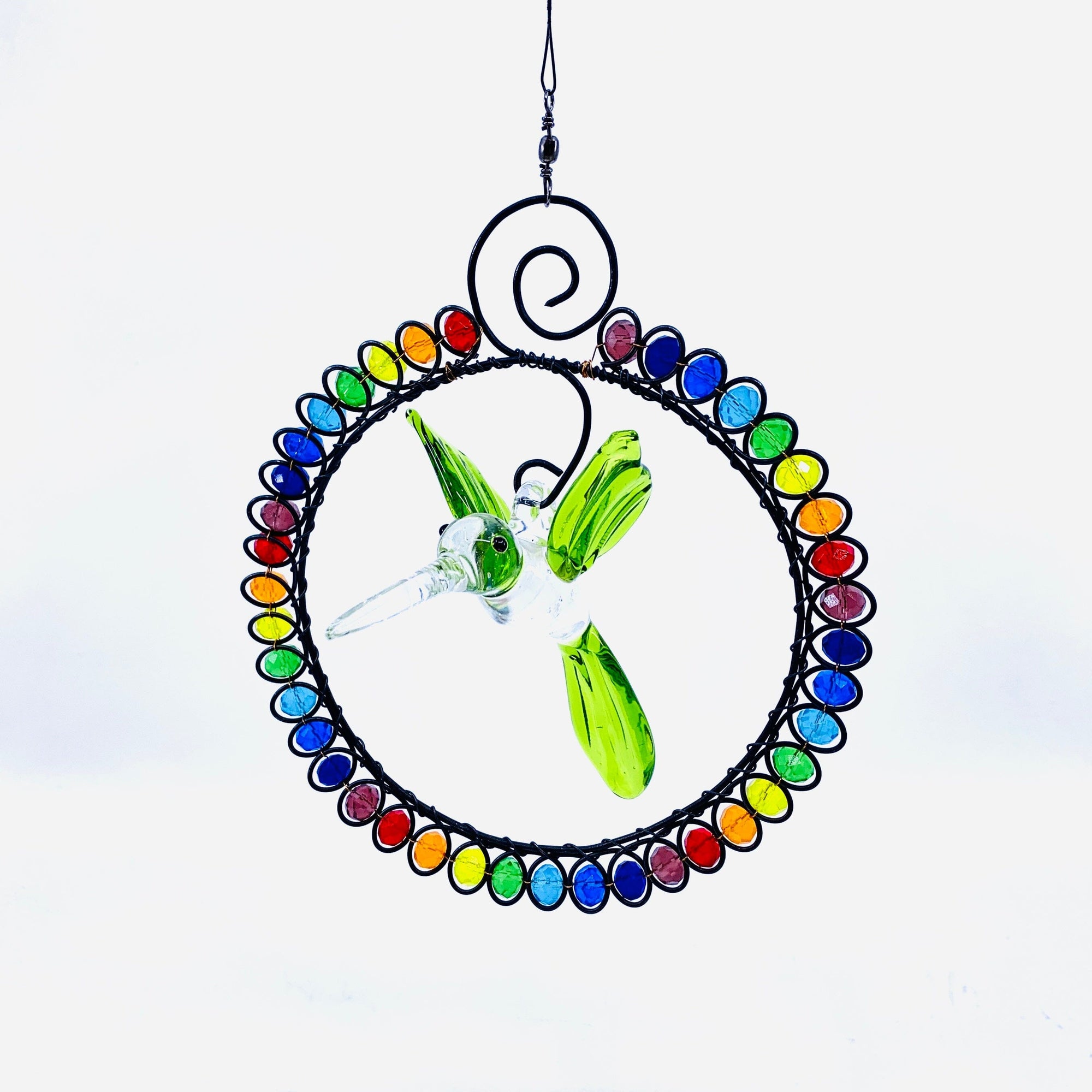 Glass Beaded Suncatcher with Hummingbird 9, Green Decor Whimsical Wire and Glass 