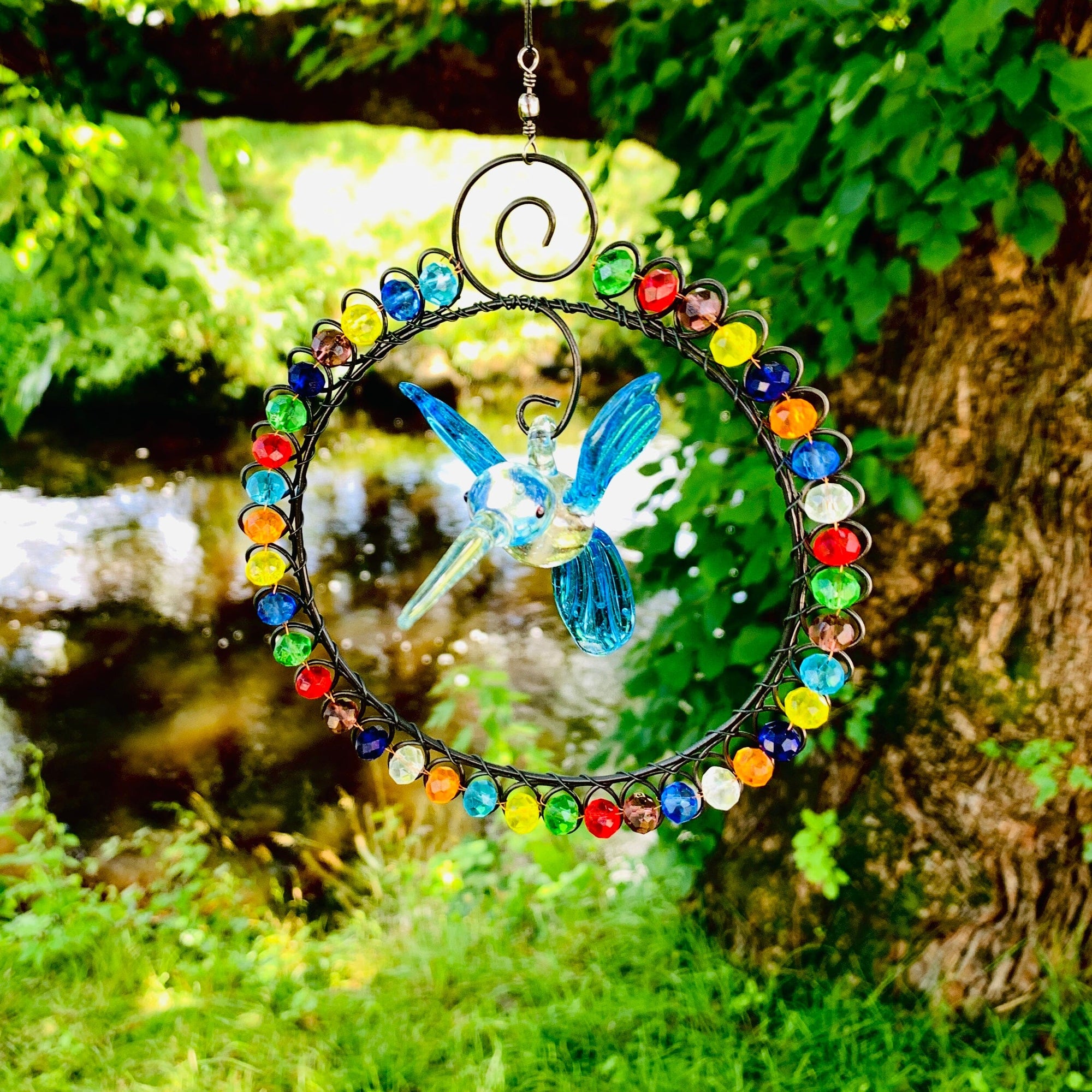 Glass Beaded Suncatcher with Hummingbird 8 , Blue Decor Whimsical Wire and Glass 