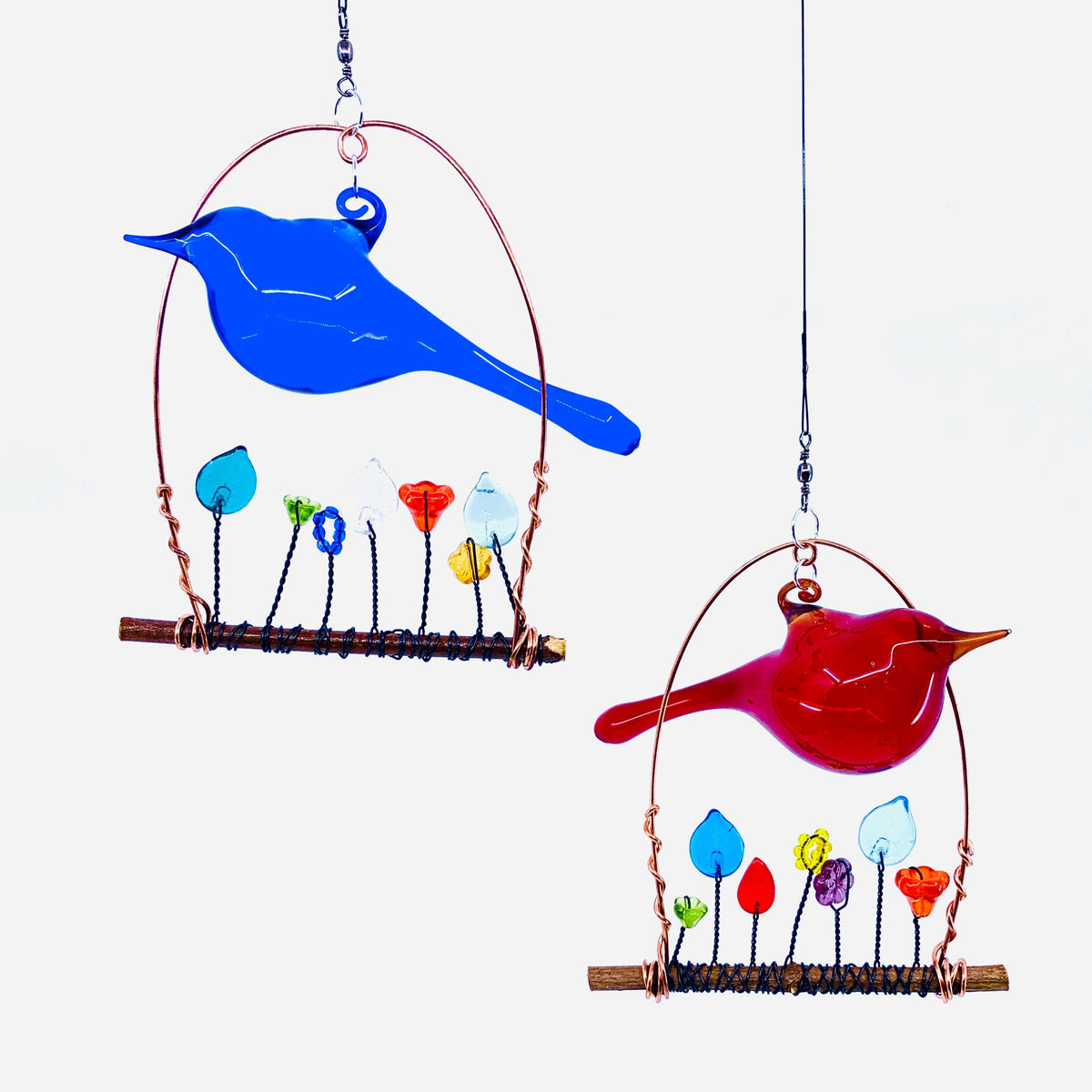Hand Blown Glass Bird Wired Flower Garden Swing 1, Red Decor Whimsical Wire and Glass 