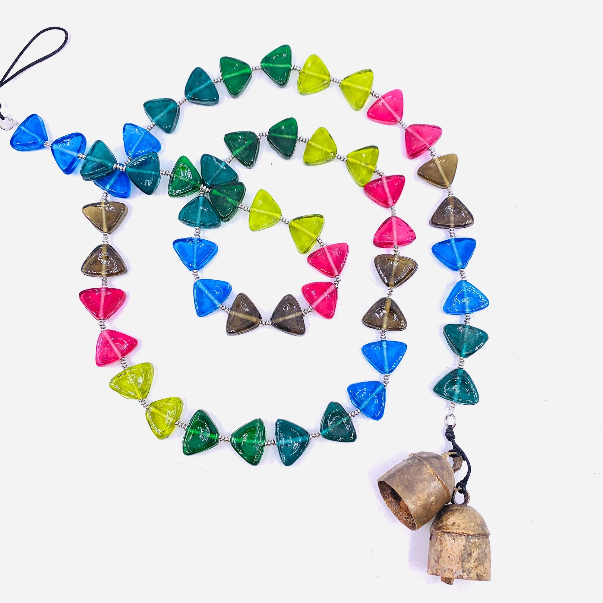 Hanging Beaded Glass with Bell, Multi Triangular Beads 15 Decor MOKSHA 