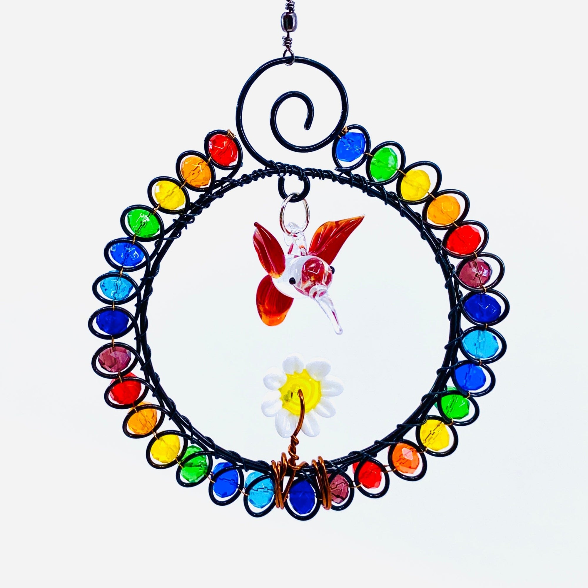 Glass Beaded Suncatcher Flower and Hummingbird 3, Red Decor Whimsical Wire and Glass 