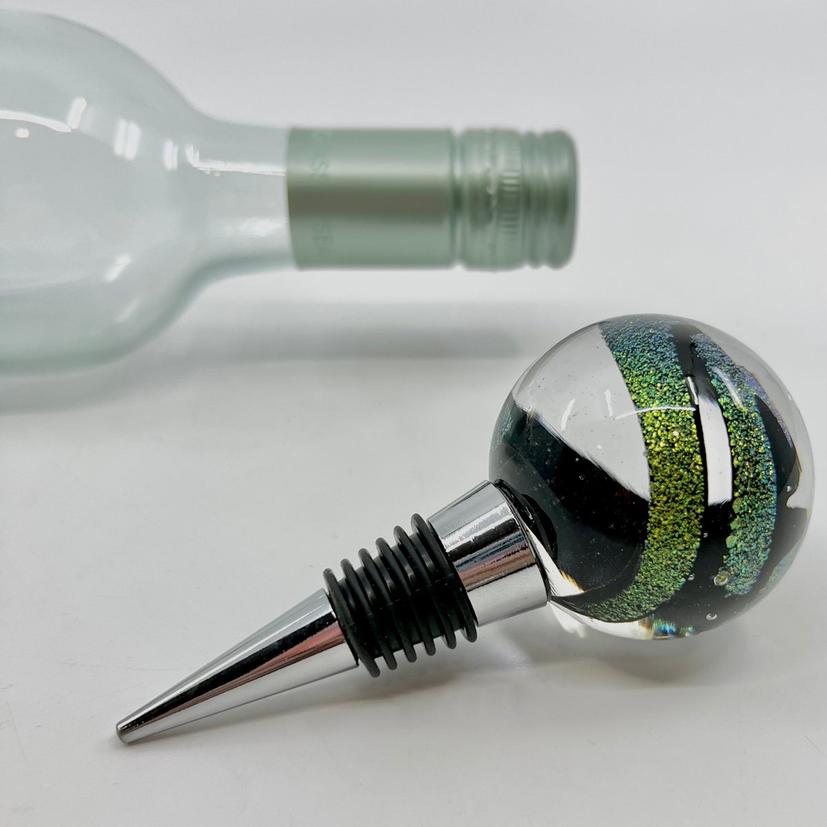 Glass Wine Stopper, Black Green Dichro Accessory Melt Glass 