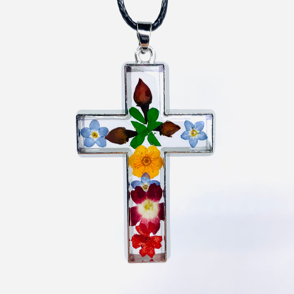 Pressed Flower Cross Necklace - 