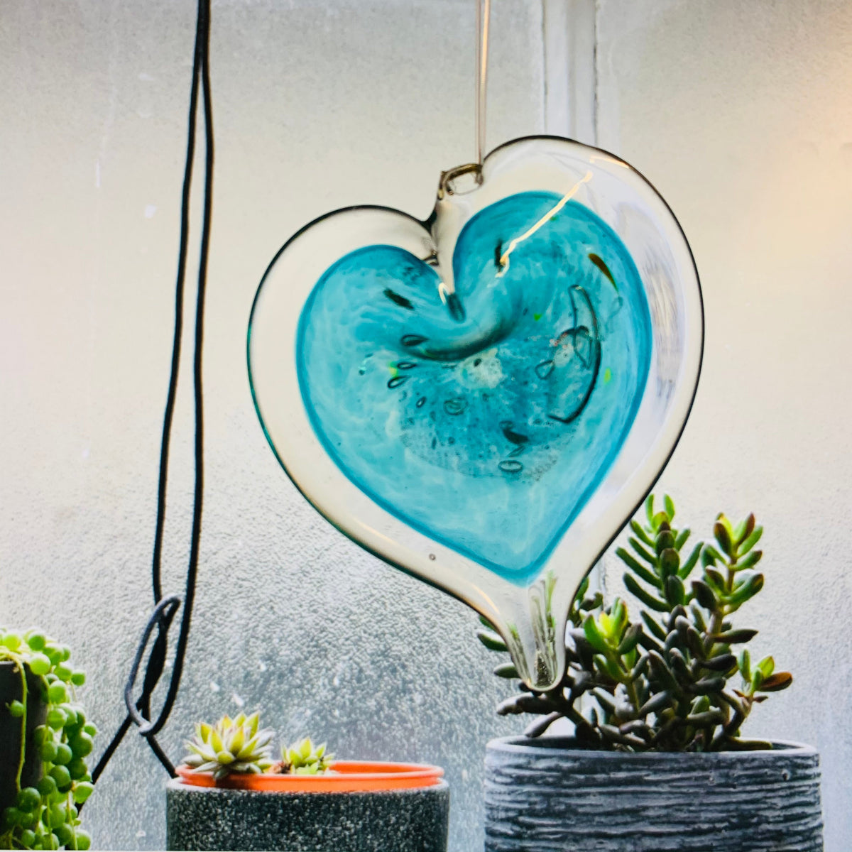Heart Ornament, Aquamarine Suncatcher Luke Adams Glass Blowing Studio 