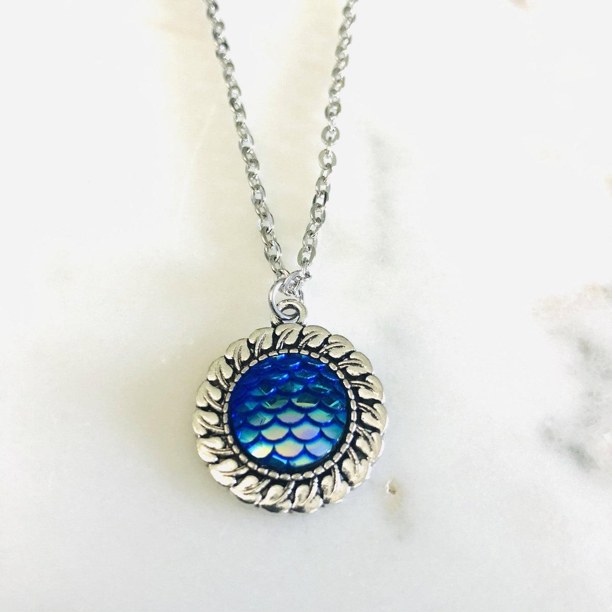 Mermaid Tail Antique Silver Necklace Luke Adams Glass Blowing Studio Blue 