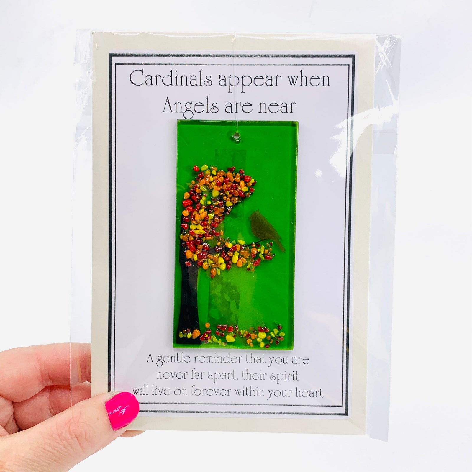 Fused Glass "Cardinals appear when Angels are near" Suncatcher 43 Decor Glimmer Glass Gifts 