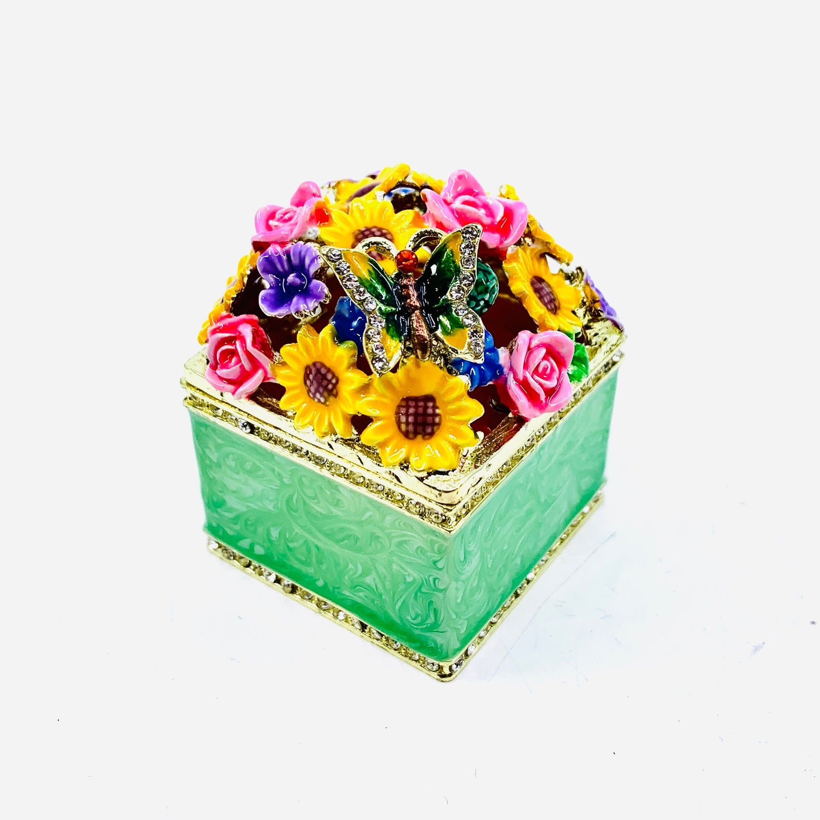 Bejeweled Enamel Trinket Box 16, Butterfly and Flowers Decor Kubla Craft 