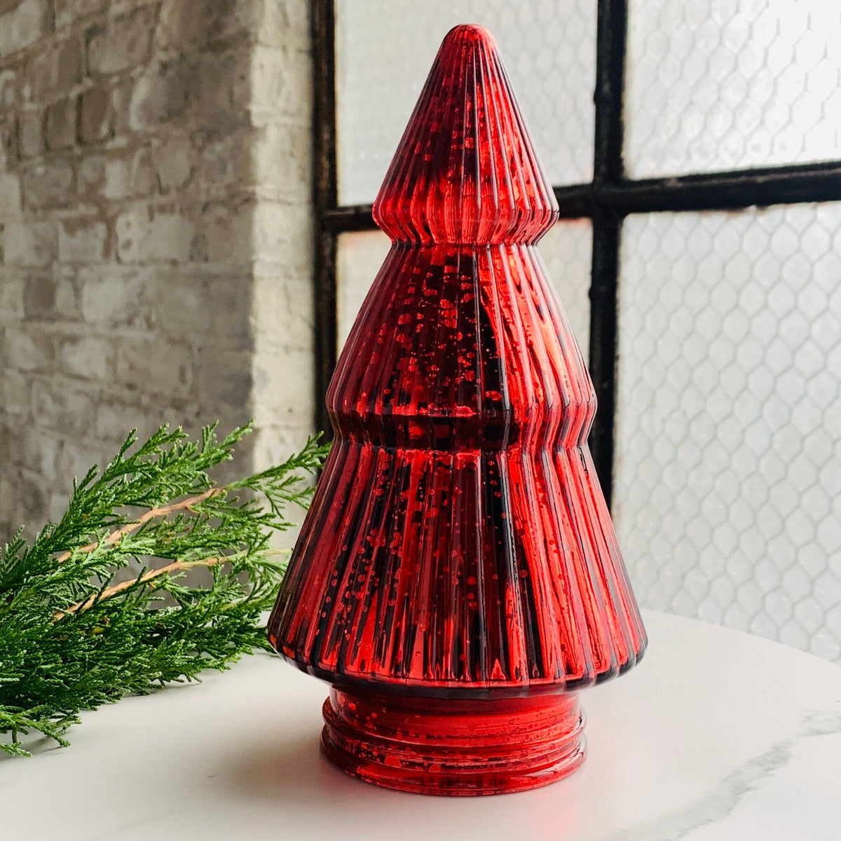 Mercury Glass Ribbed Tree 2, Red Diamond Star 