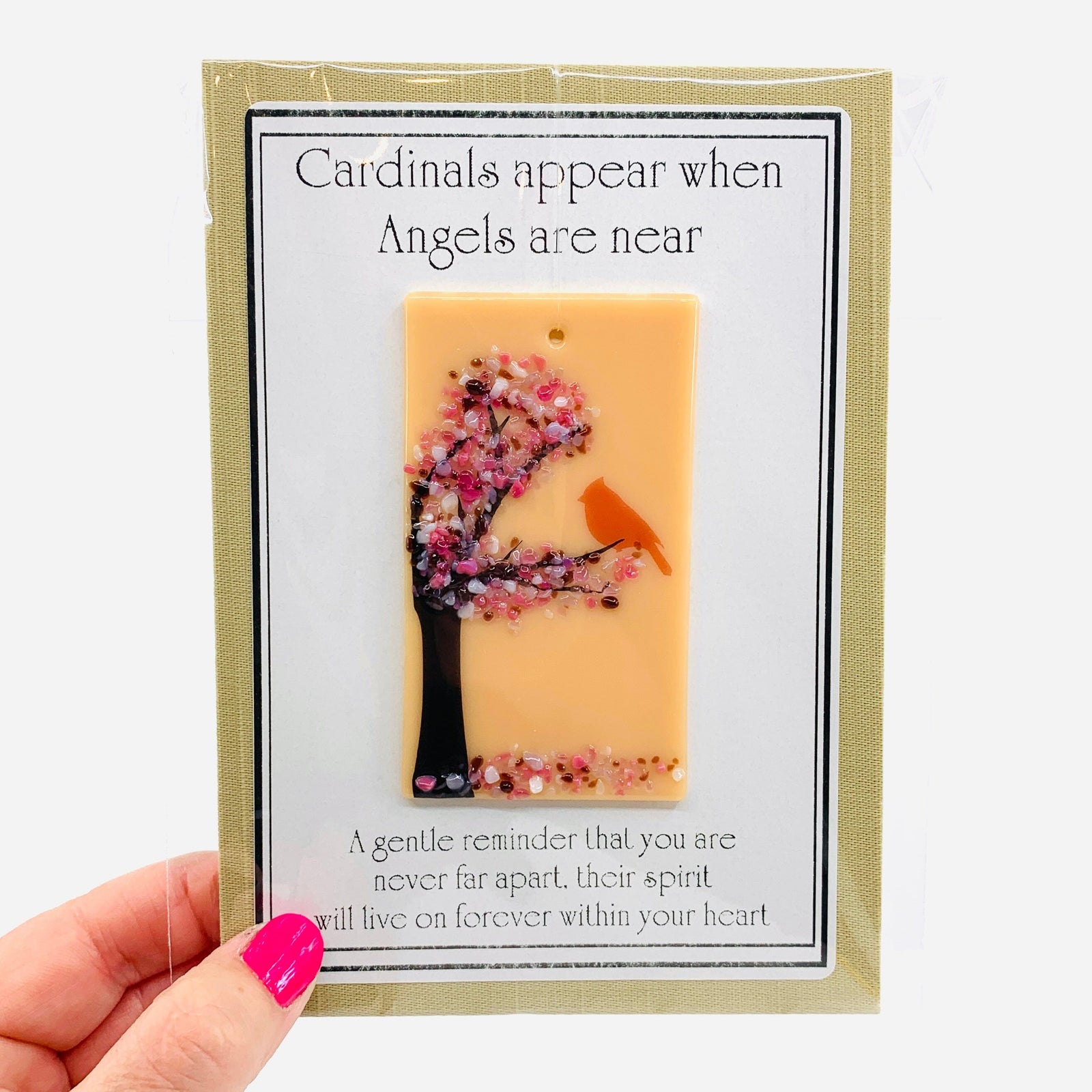 Fused Glass "Cardinals appear when Angels are near" Suncatcher 36 Decor Glimmer Glass Gifts 