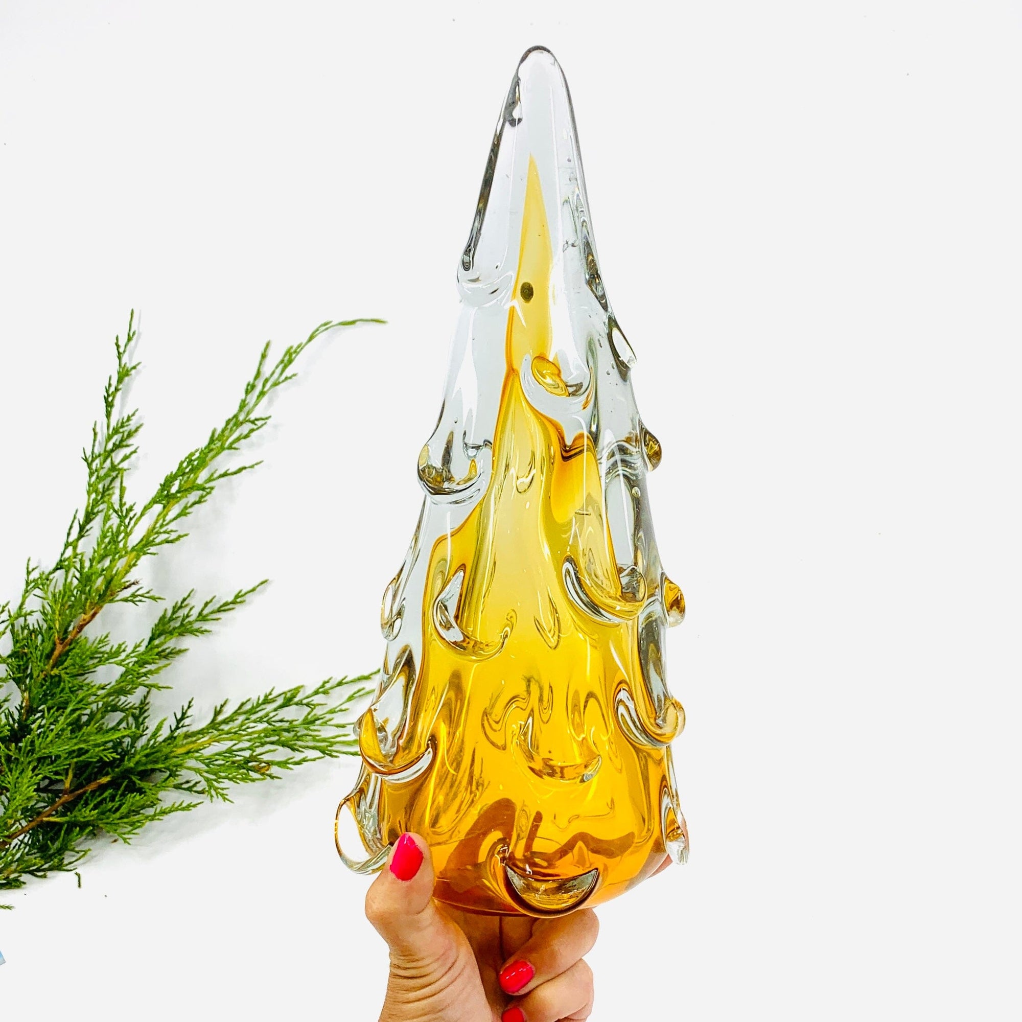 Medium Snow Drift Blown Glass Tree, Amber Diamond Star 