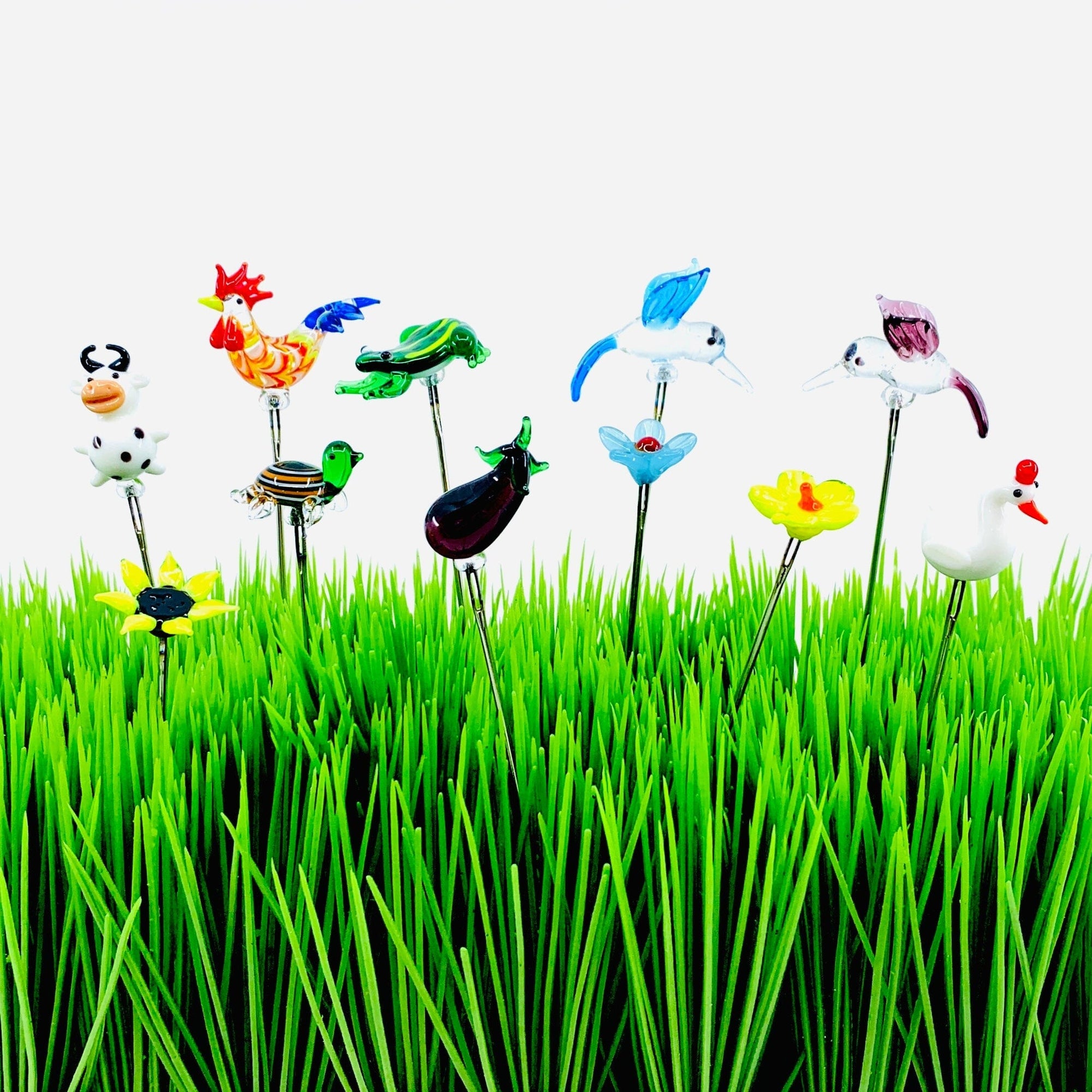 Tiny Glass Animal Garden Stake 4, Rooster Decor - 