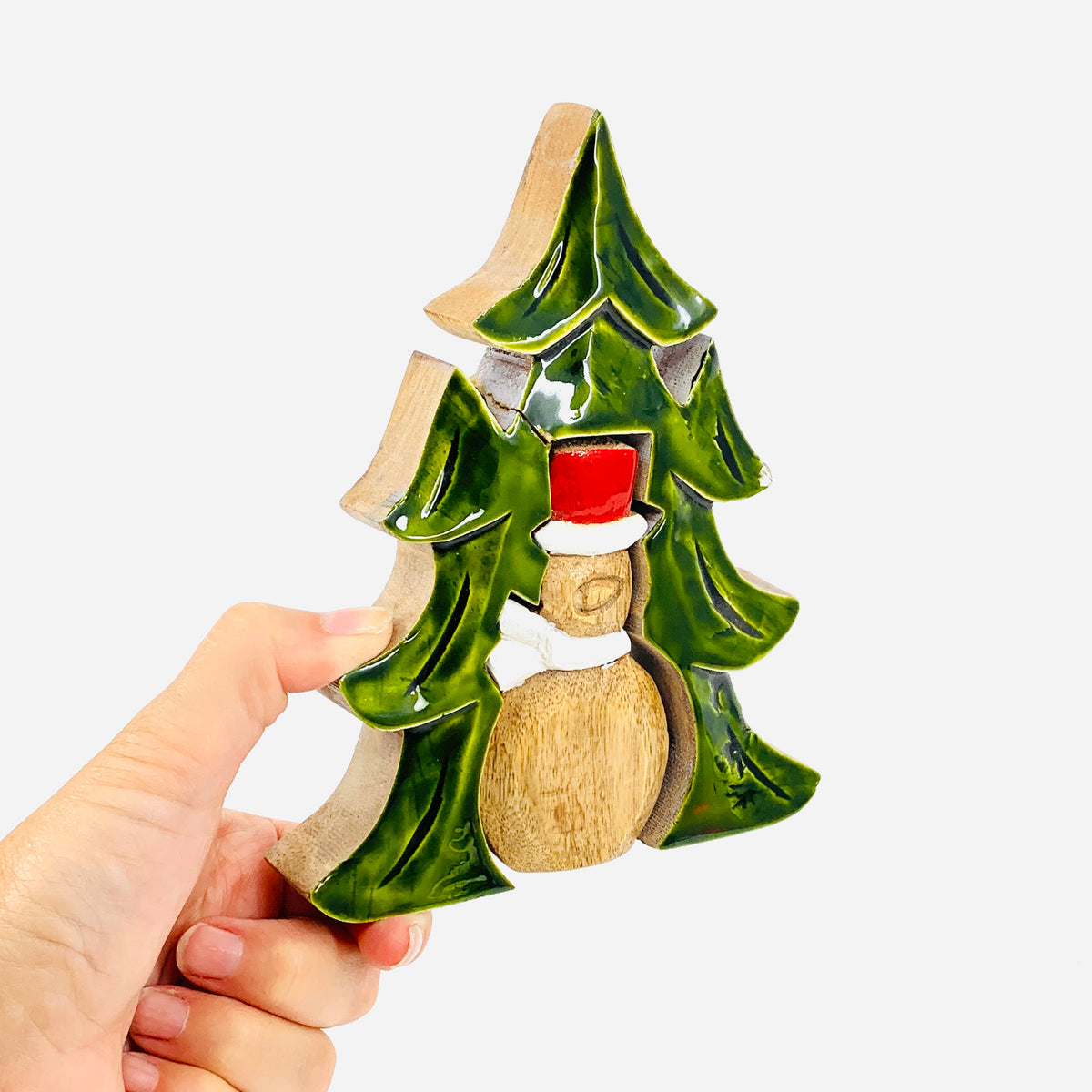 Green Enamel Wooden Tree and Snowman Holiday Décor