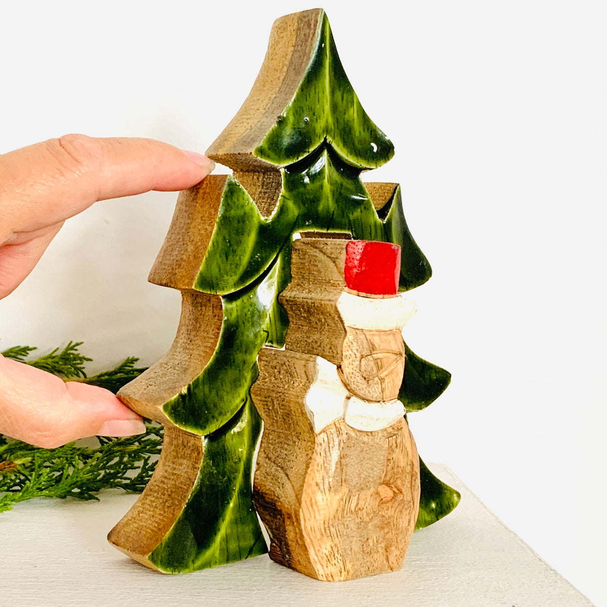 Green Enamel Wooden Tree and Snowman Holiday Décor