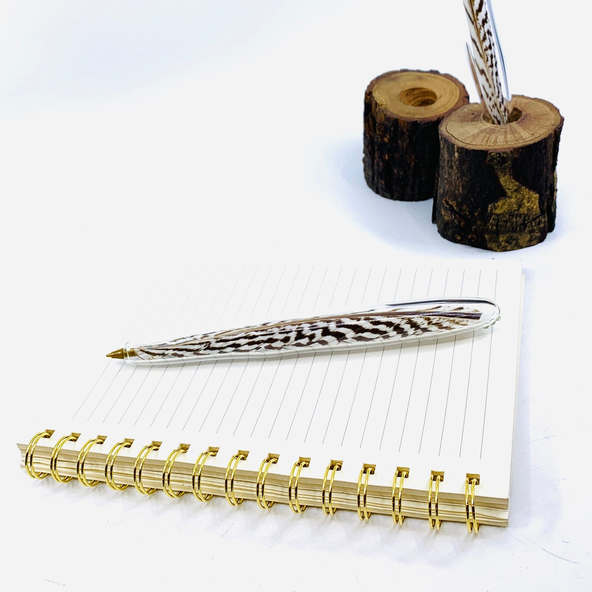 Handblown Glass Feather Pen, Brown White (Silver Pheasant) TriSymbolize Glass 