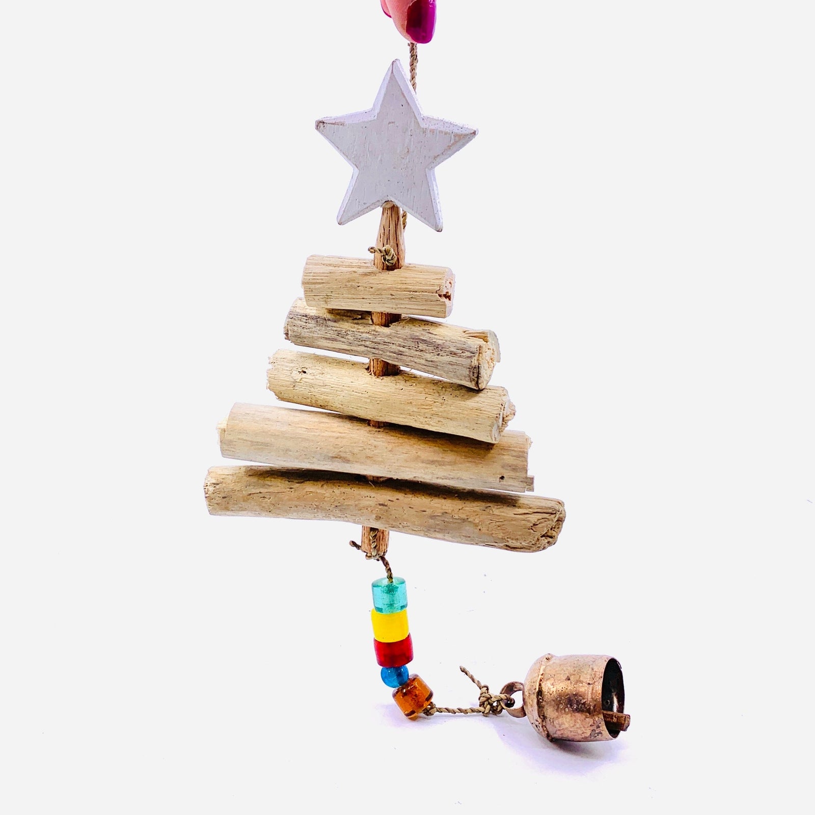 Wooden Christmas Tree Glass Bead Garland with Bell 17 Decor MOKSHA 