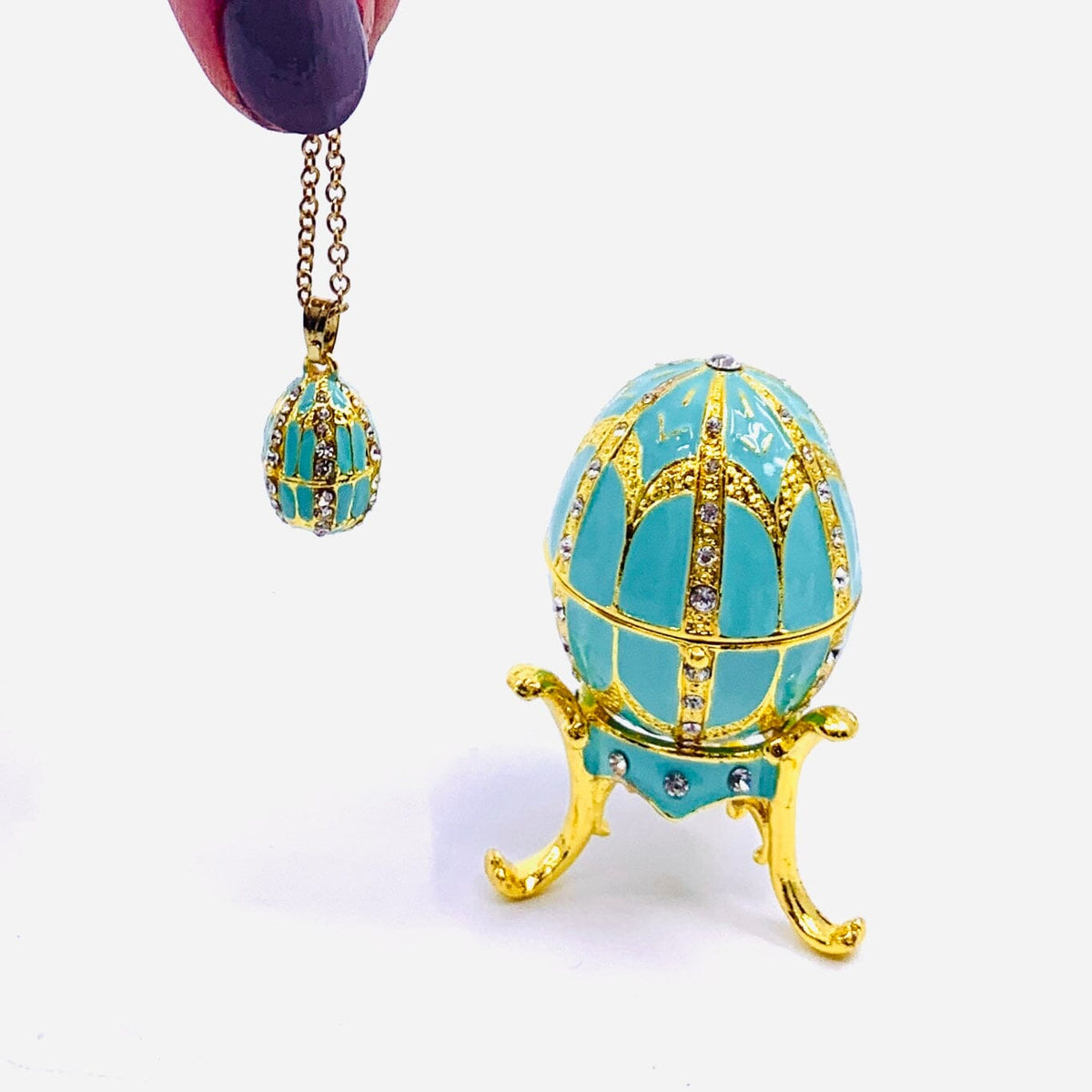 Bejeweled Enamel Trinket Box and Pendant 25, Turquoise Faberge Style Egg