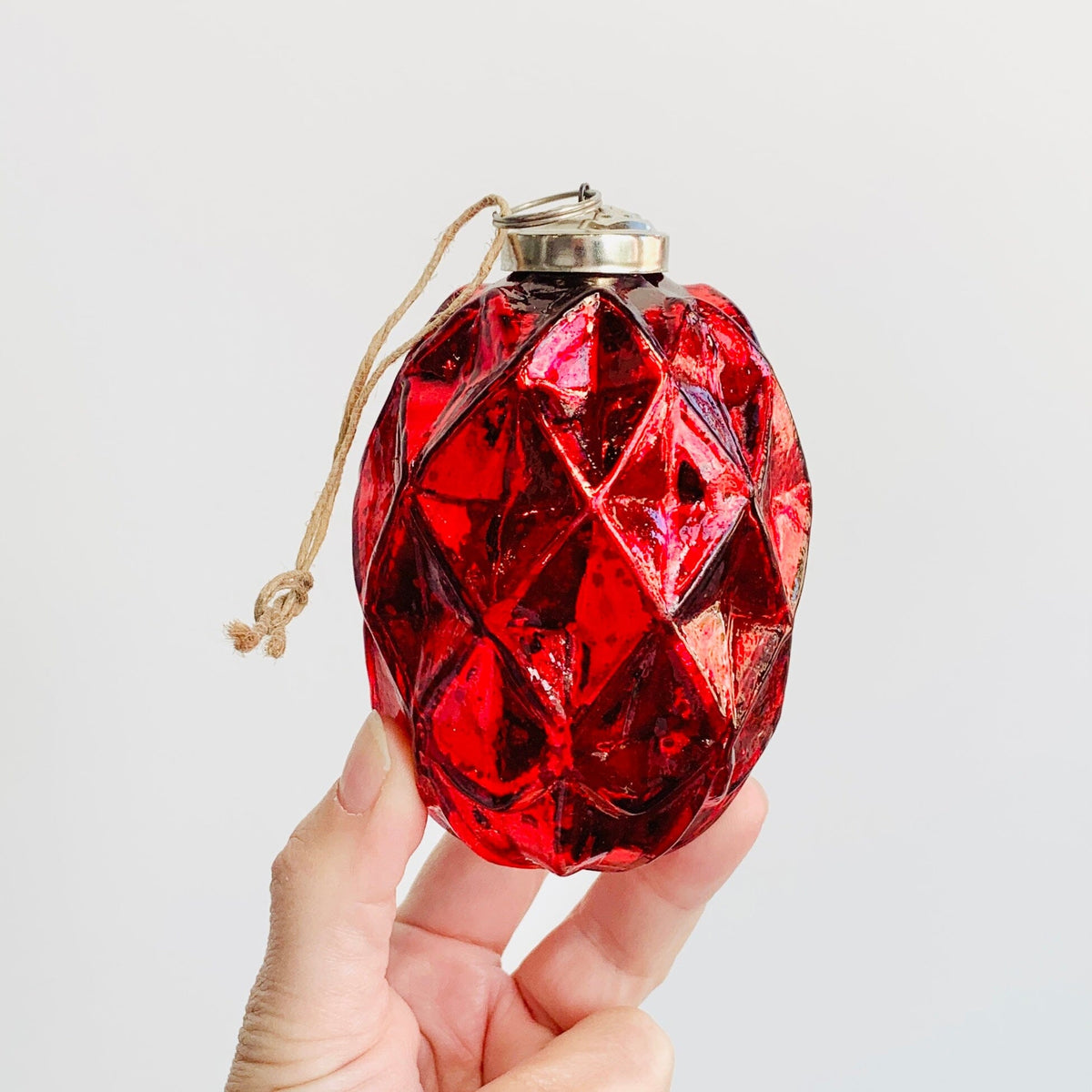 Glass Faceted Oval Ornament 43, Red Ornament India House Brass 
