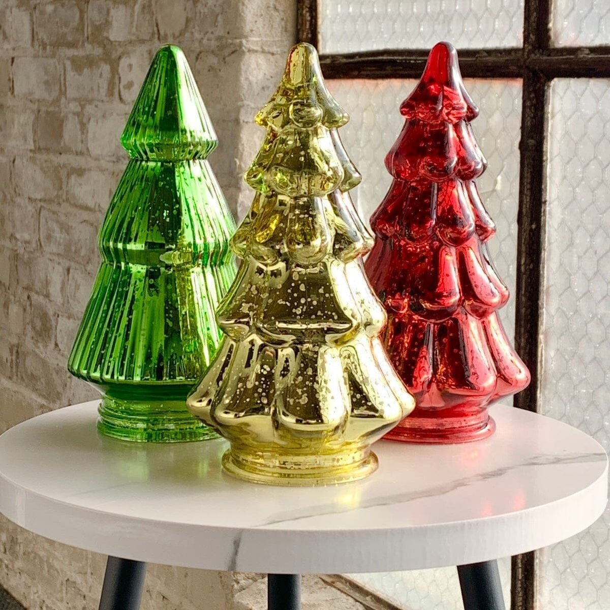 Mercury Glass Ribbed Tree 2, Red Diamond Star 