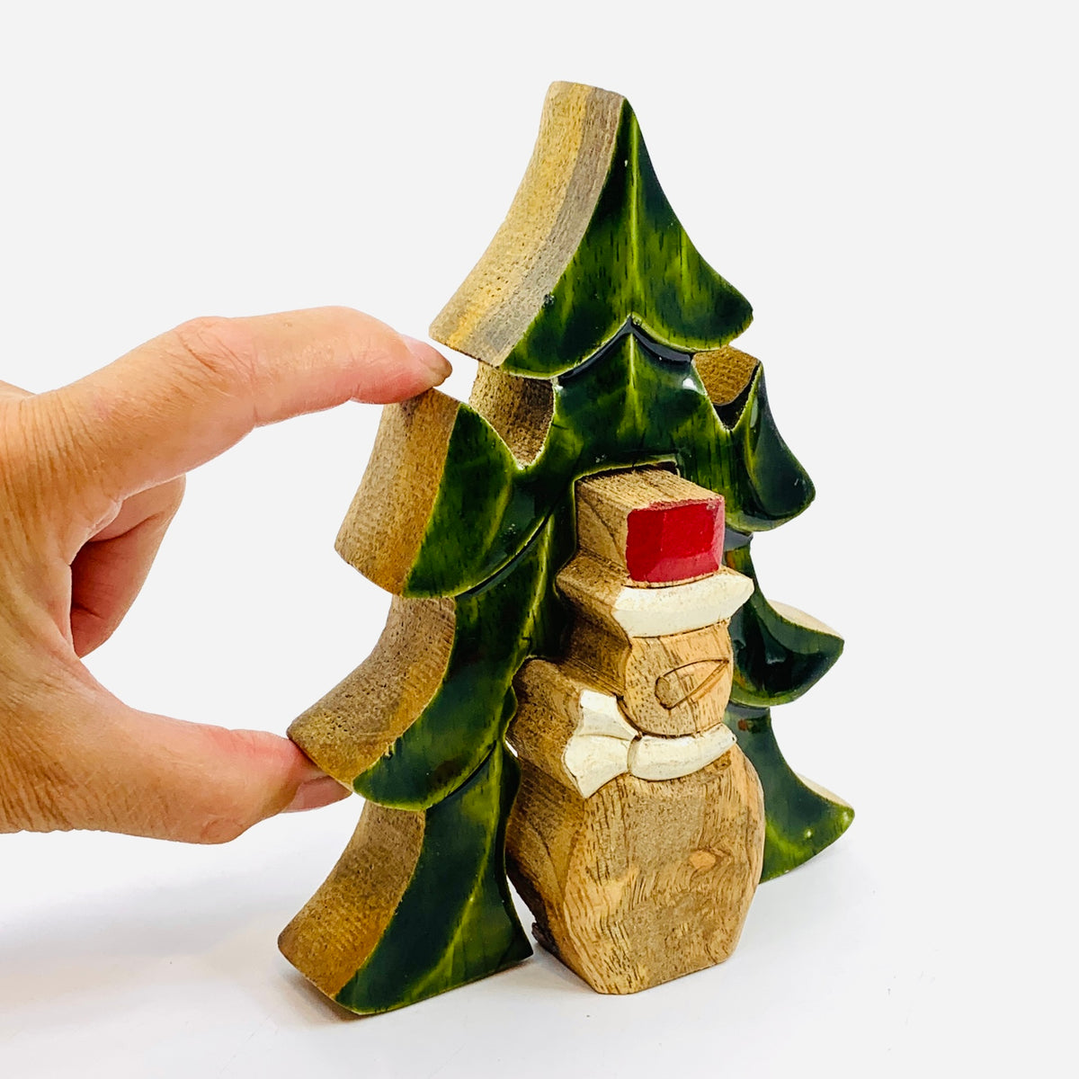 Green Enamel Wooden Tree and Snowman Holiday Décor