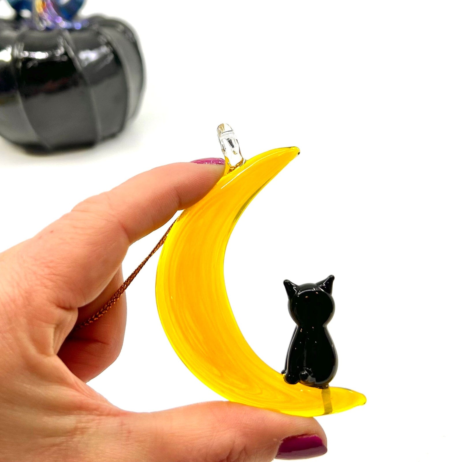 Glass Cat on Crescent Moon Suncatcher 293 Miniature - 
