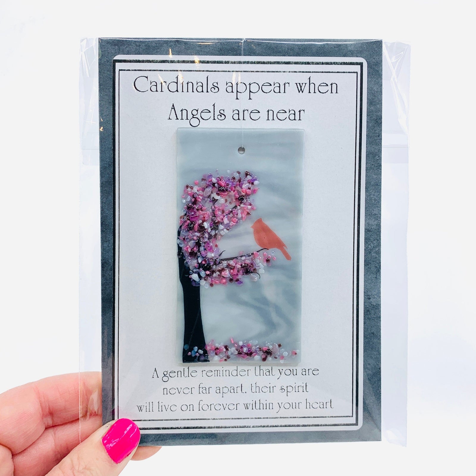 Fused Glass "Cardinals appear when Angels are near" Suncatcher 27 Decor Glimmer Glass Gifts 