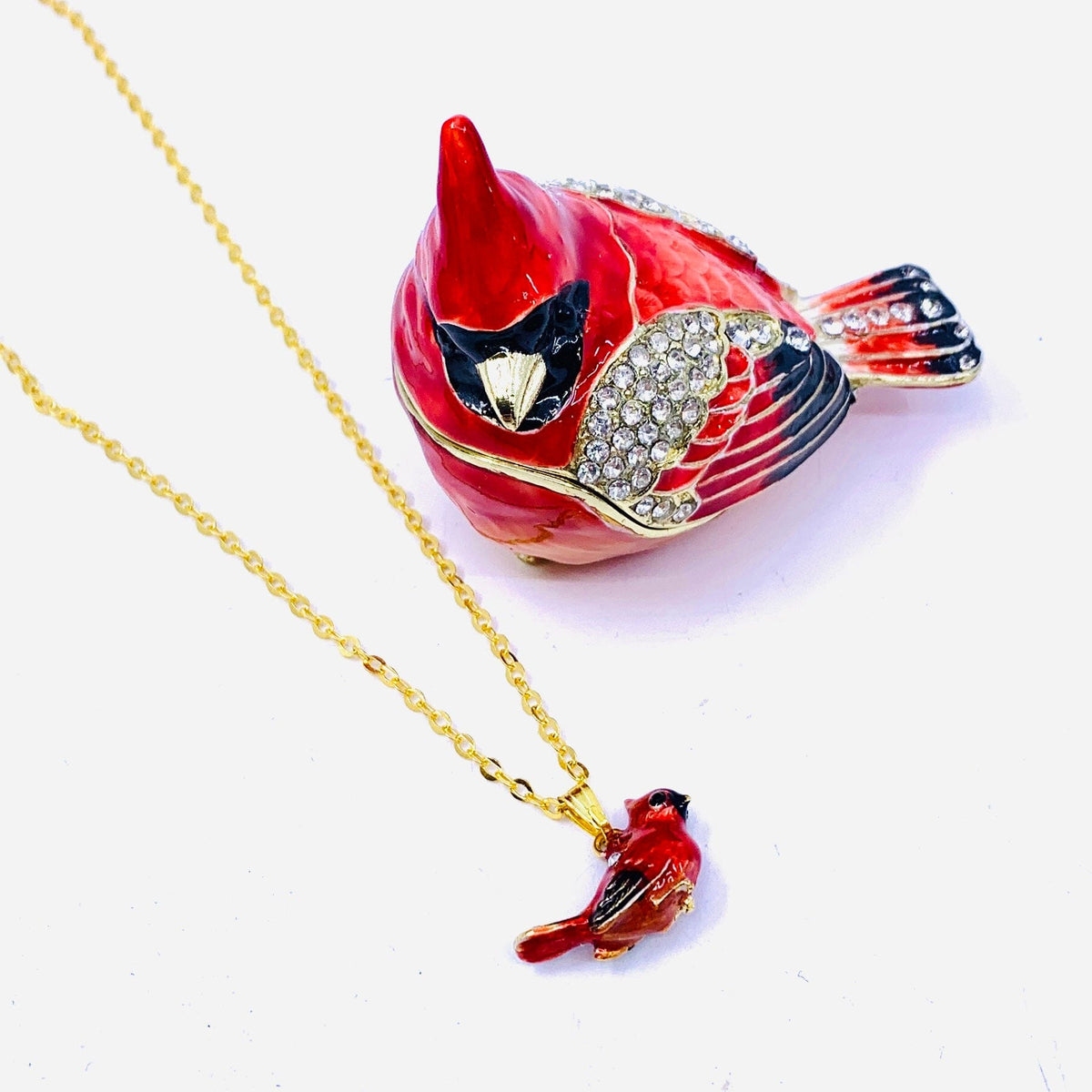 Bejeweled Enamel Trinket Box 20, Angel Cardinal with Necklace