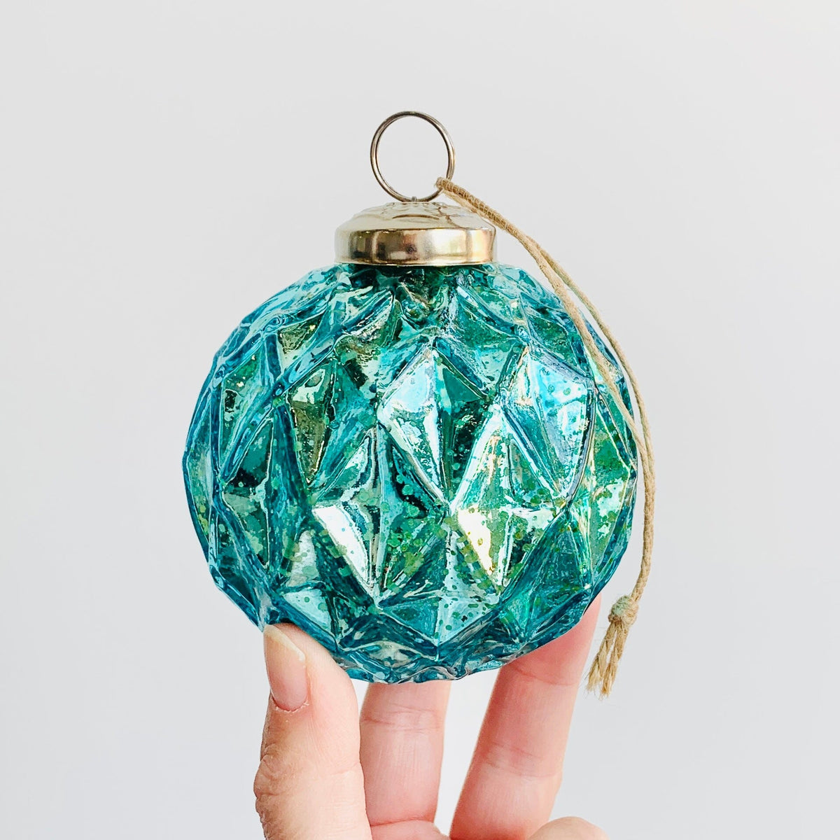 Glass Faceted Sphere Ornament 47, Aqua Ornament India House Brass 