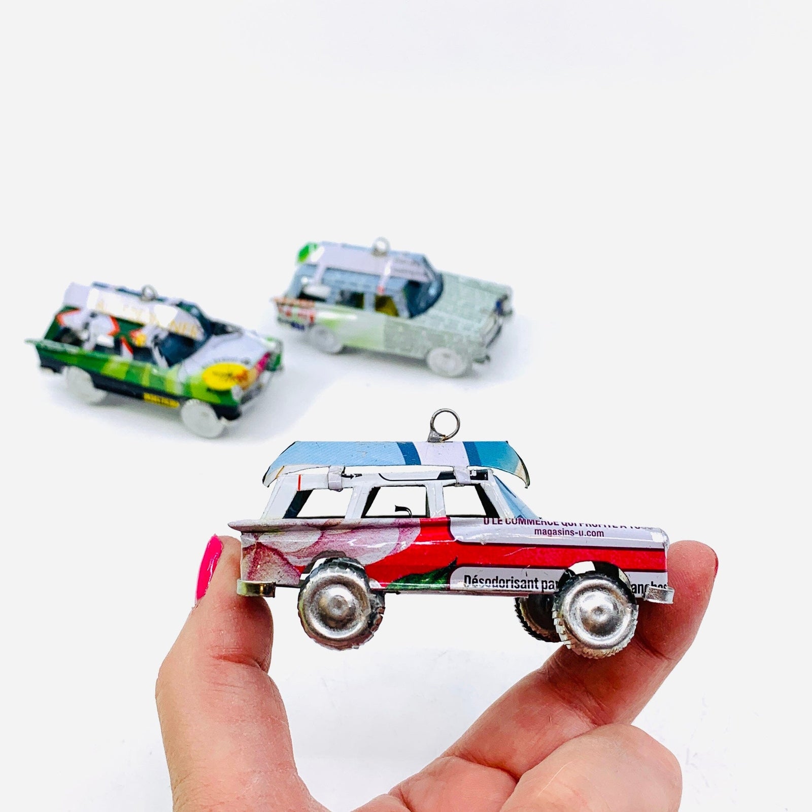 Hanging Recycled Tin Station Wagon with Canoe Miniature East Africa Co. 