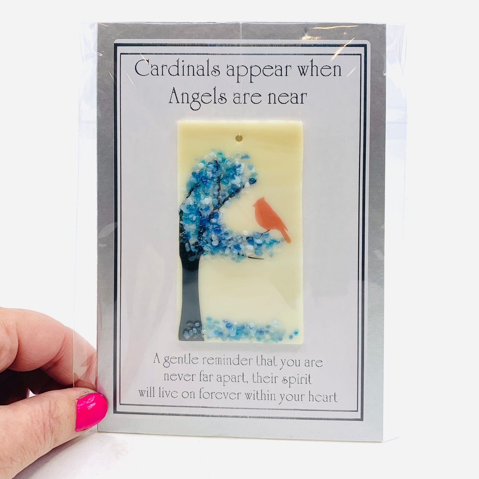 Fused Glass "Cardinals appear when Angels are near" Suncatcher 1 Decor Glimmer Glass Gifts 