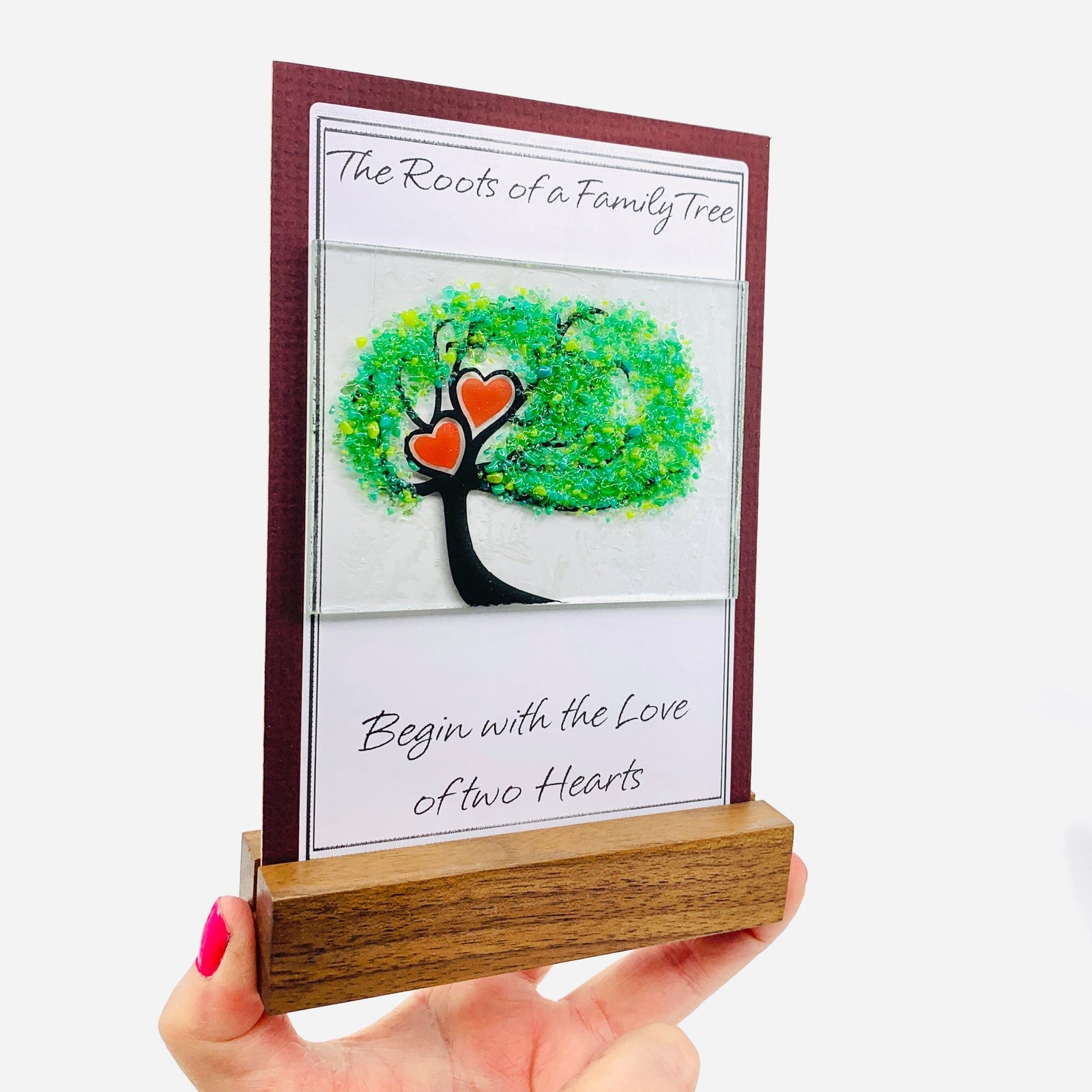 Fused Glass Love Hearts Card with Stand, Green Decor Glimmer Glass Gifts 