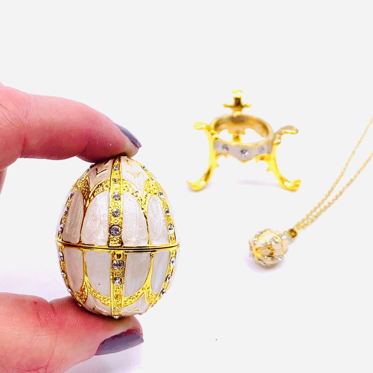 Bejeweled Enamel Trinket Box and Pendant 26, White Faberge Style Egg Decor Kubla Craft 