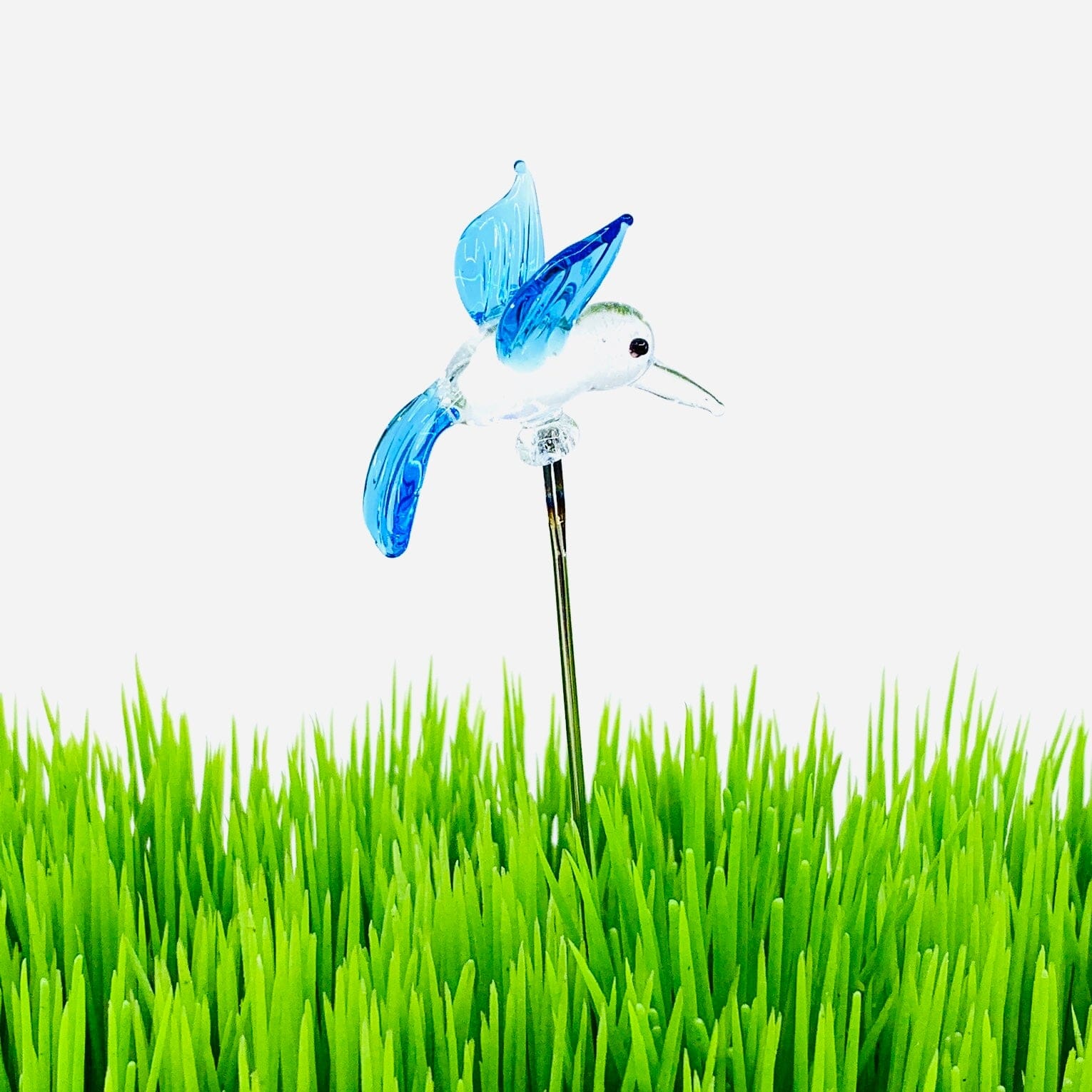 Tiny Glass Animal Garden Stake 8, Blue Hummingbird Decor - 