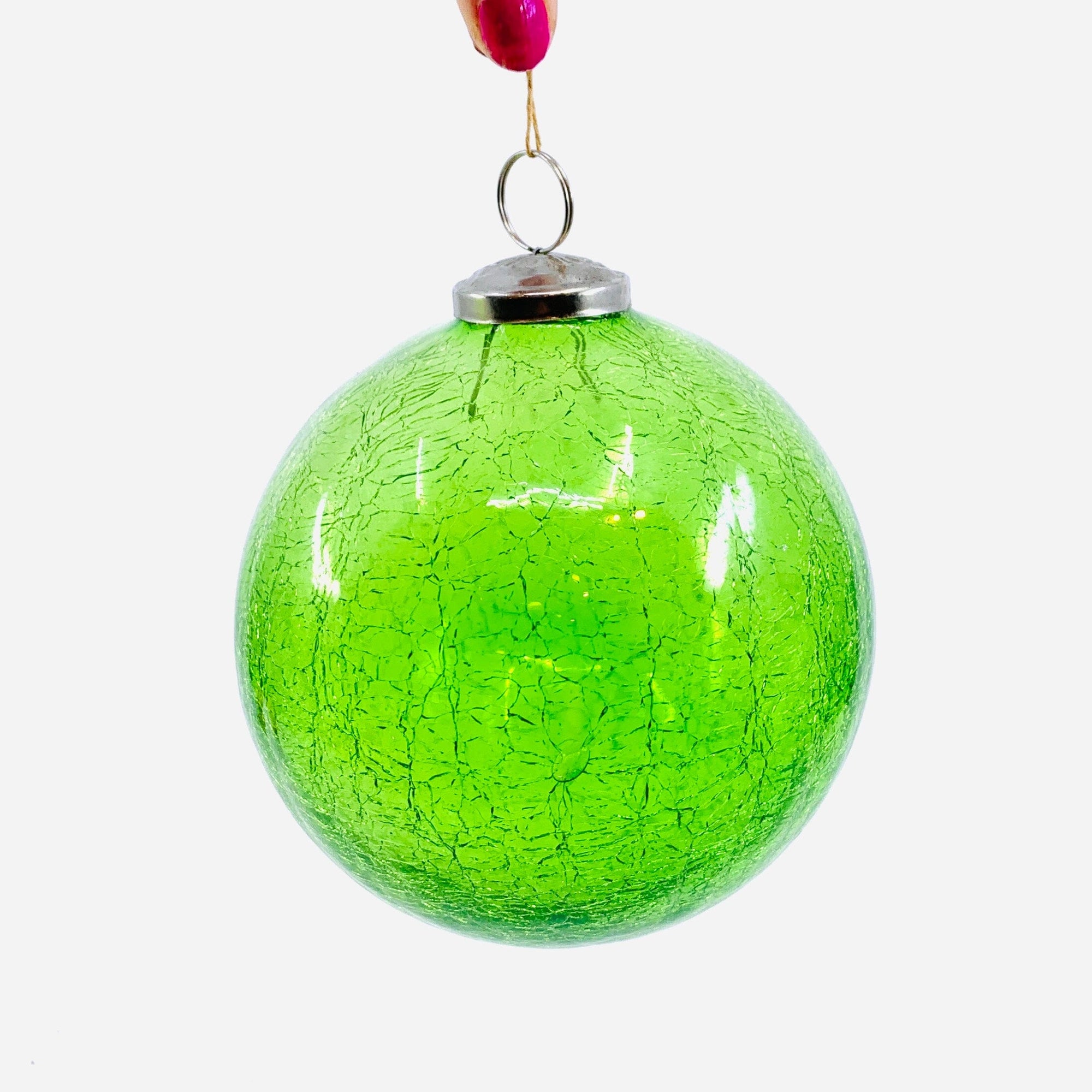 Crackle Glass Sphere Ornament 5" 18, Lime India House Brass 