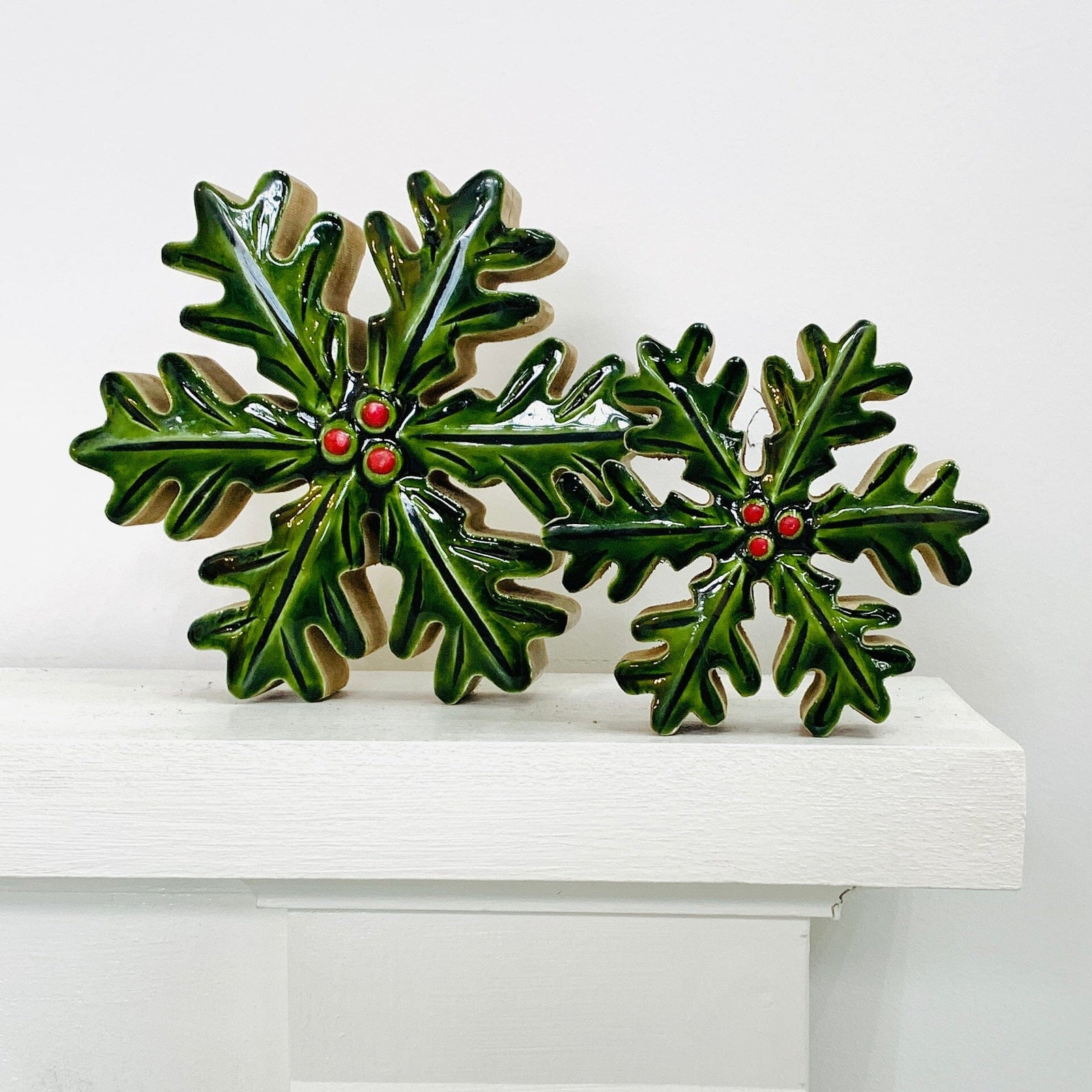 Enamel Holly Wooden Snowflake Décor, Large Oak Street 