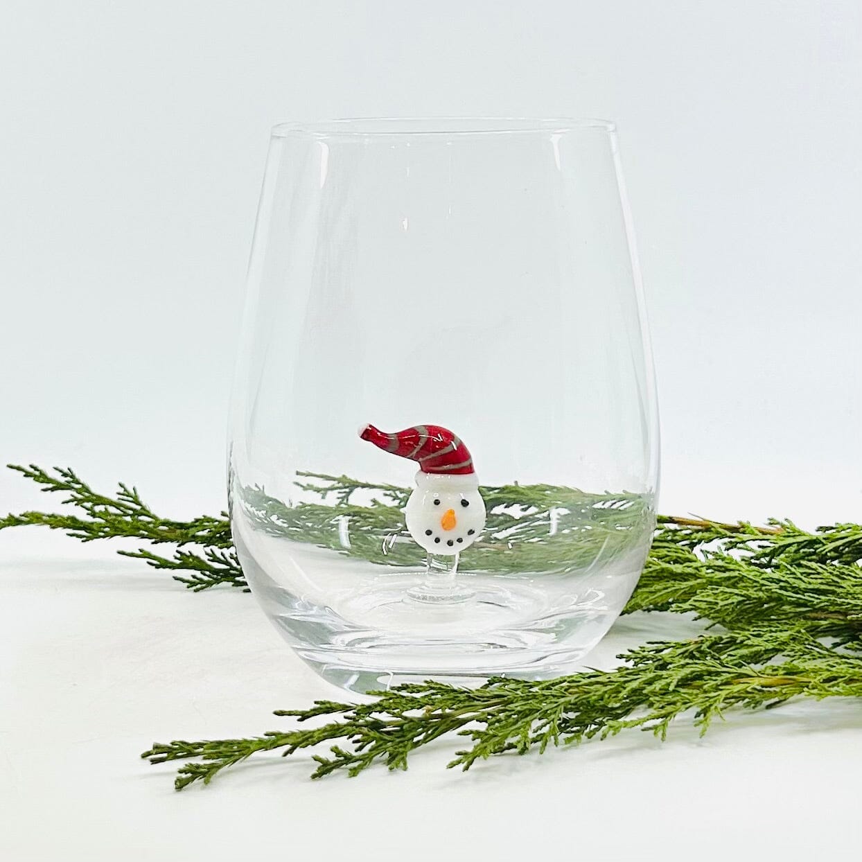 Holiday Icon Stemless Wine Glass, Red Hat Snowman Creative Co-Op 