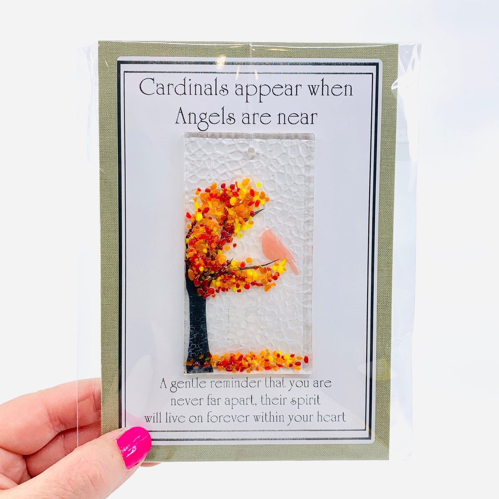 Fused Glass "Cardinals appear when Angels are near" Suncatcher 38 Decor Glimmer Glass Gifts 