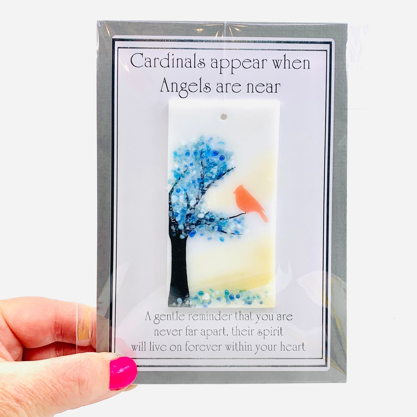 Fused Glass "Cardinals appear when Angels are near" Suncatcher 6 Decor Glimmer Glass Gifts 