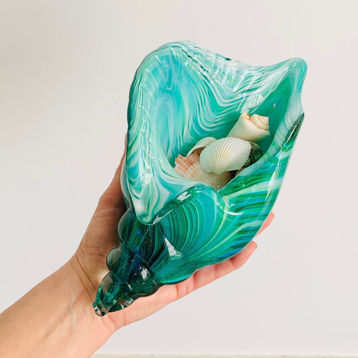 Teal Stripe Glass Conch Shell