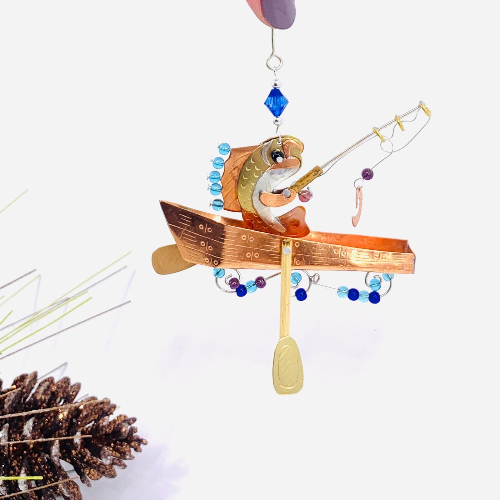 Mixed Metal Ornament, Fish Fishing 13 Miniature Pilgrim Imports 