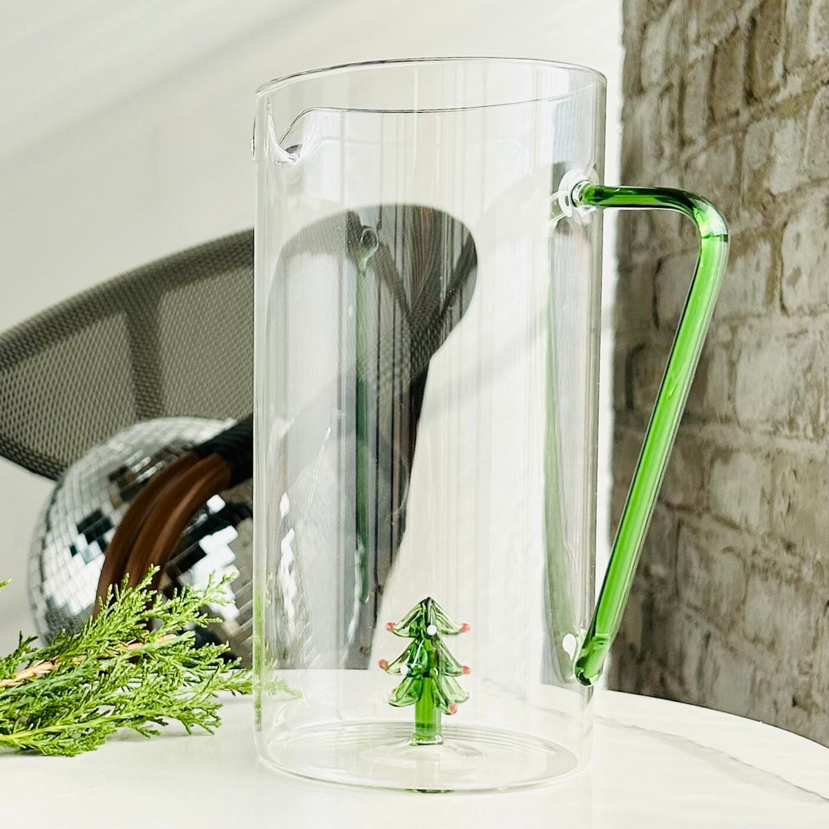 Glass Pitcher with Festive Tree Icon Decor Creative Co-Op 