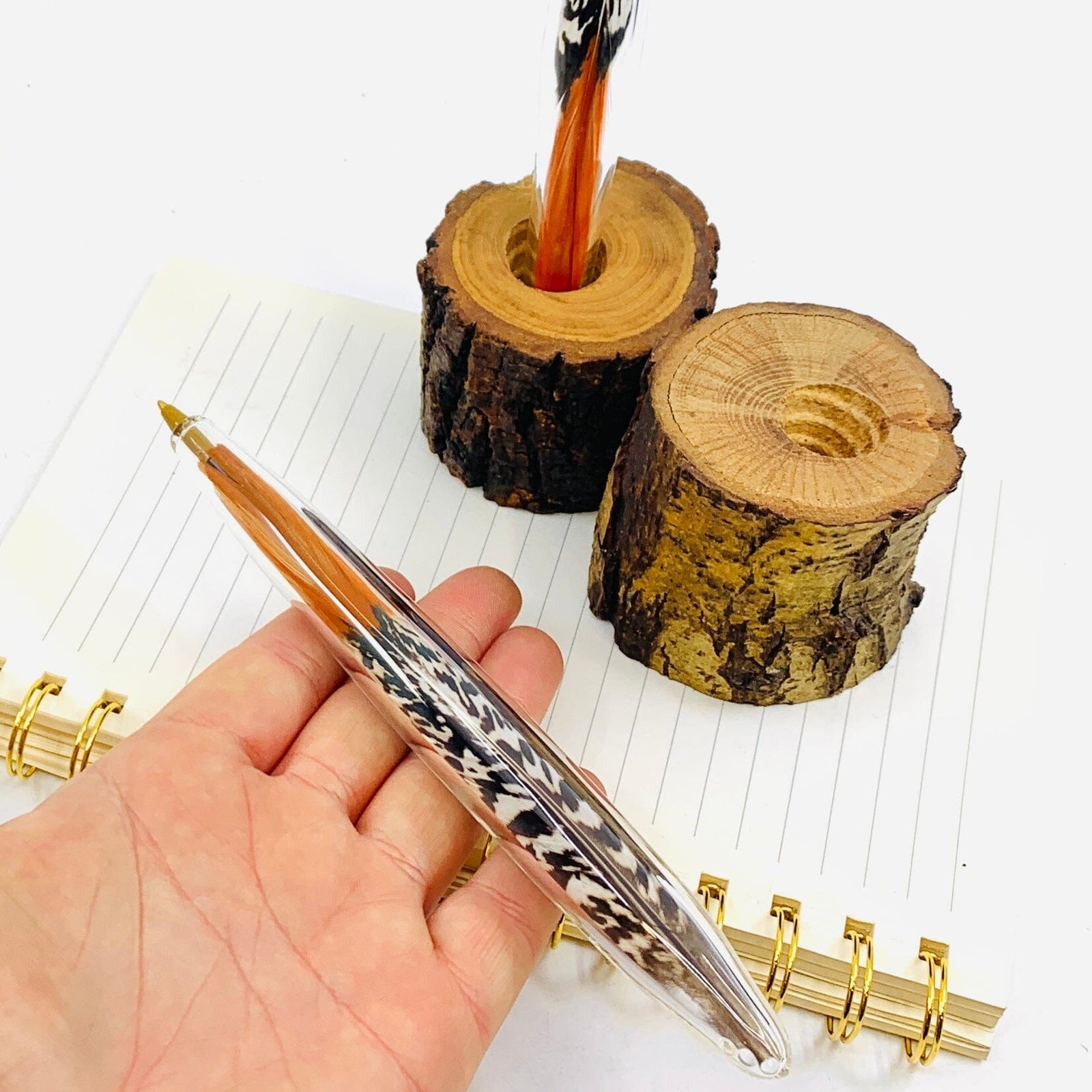 Handblown Glass Feather Pen, Orange White (Lady Amherst Pheasant) TriSymbolize Glass 