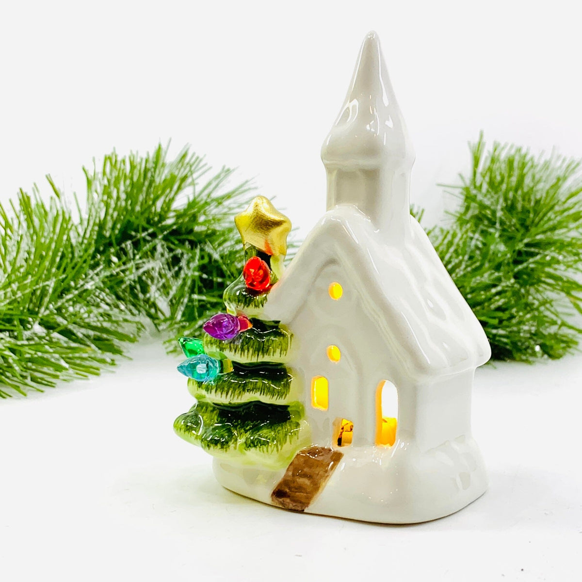 Ceramic Light-Up Holiday Tree and Church GANZ 