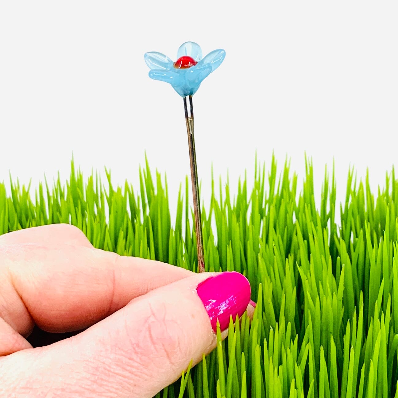 Tiny Glass Animal Garden Stake 1, Blue Flower Decor - 