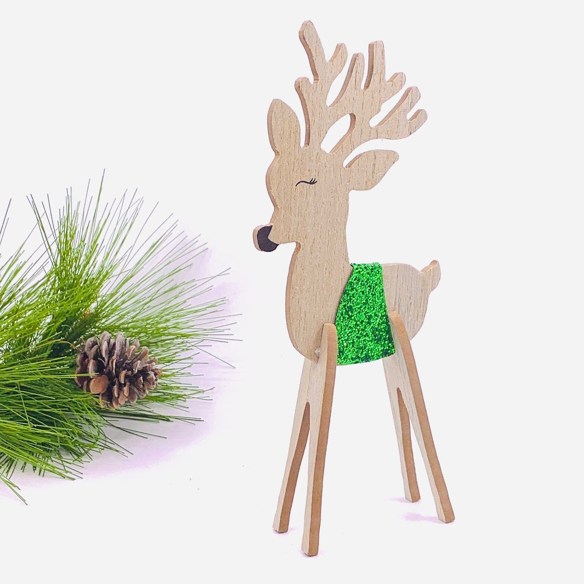 Wooden Tinsel Wrapped Reindeer GANZ Green Sparkle 
