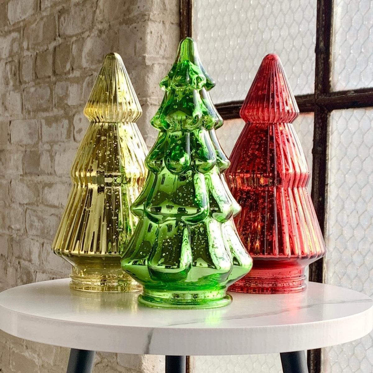 Mercury Glass Ribbed Tree 3, Gold Diamond Star 